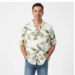 Kalaheo Mens Dad Core Tropical Leaves Beige Green Short Sleeve Hawaiian Shirt XL